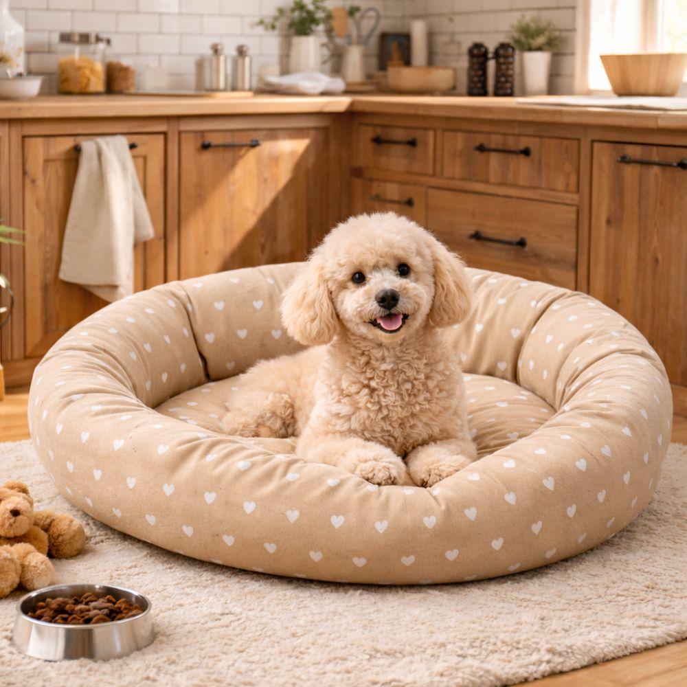 cuccia in cotone per animali (colore in base alla disponibilità) - foto 4 Cane di piccola taglia sdraiato dentro la cuccia in cotone beige con pois bianchi in una cucina.