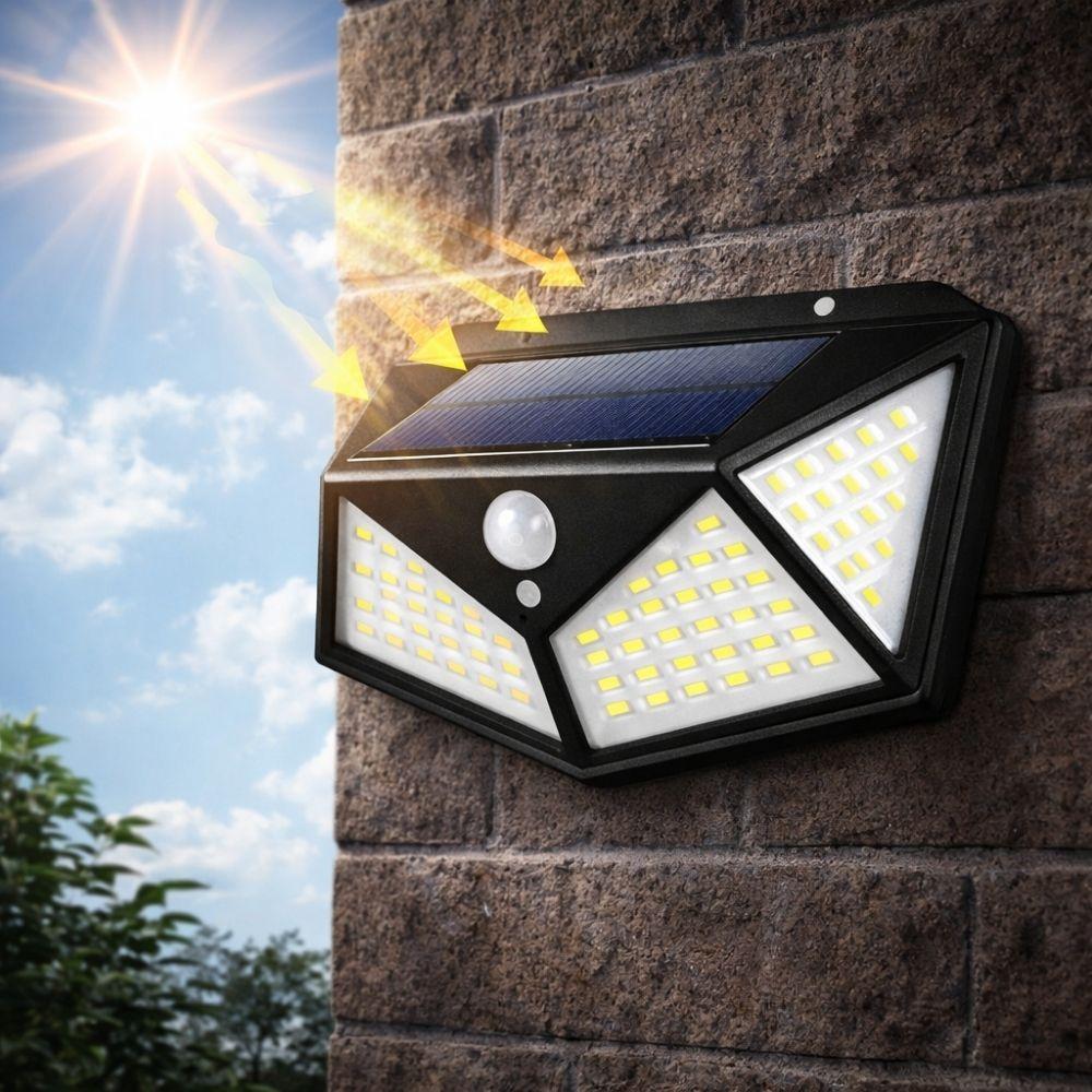 Faretto da parete con pannello solare montato su muro durante il giorno con sole e paesaggio