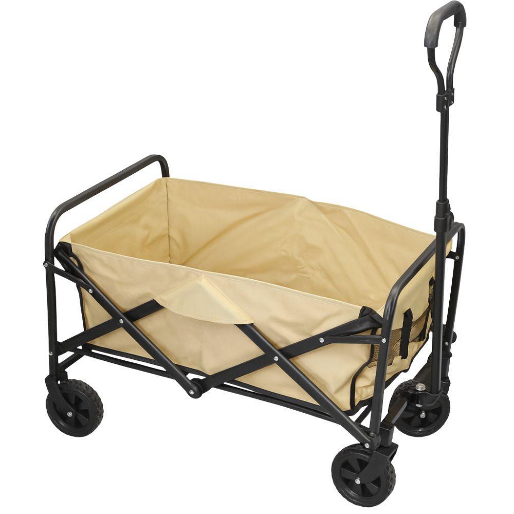 Carrello pieghevole da trasporto con cestello in tela beige, struttura in acciaio nero, quattro ruote e manico di spinta