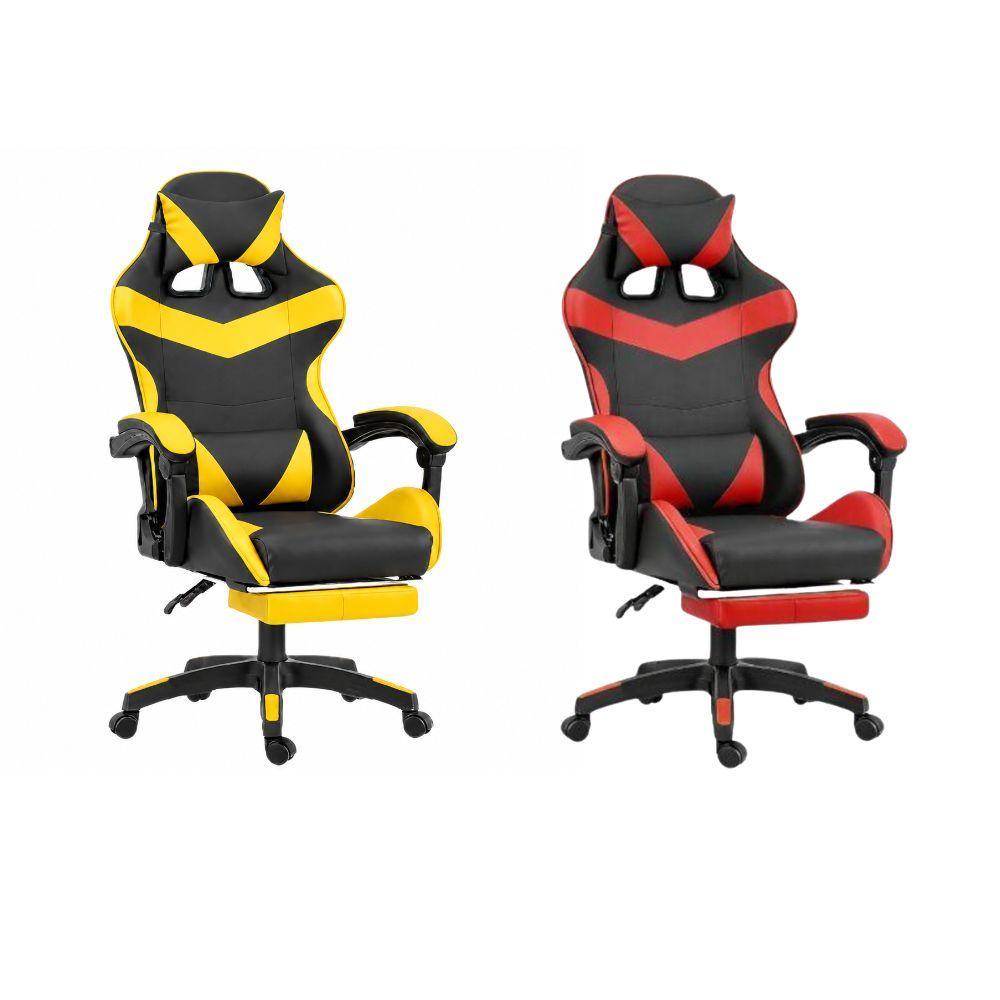 Sedia da gaming ergonomica varianti giallo-nero e rosso-nero, vista laterale con schienale e poggiapiedi