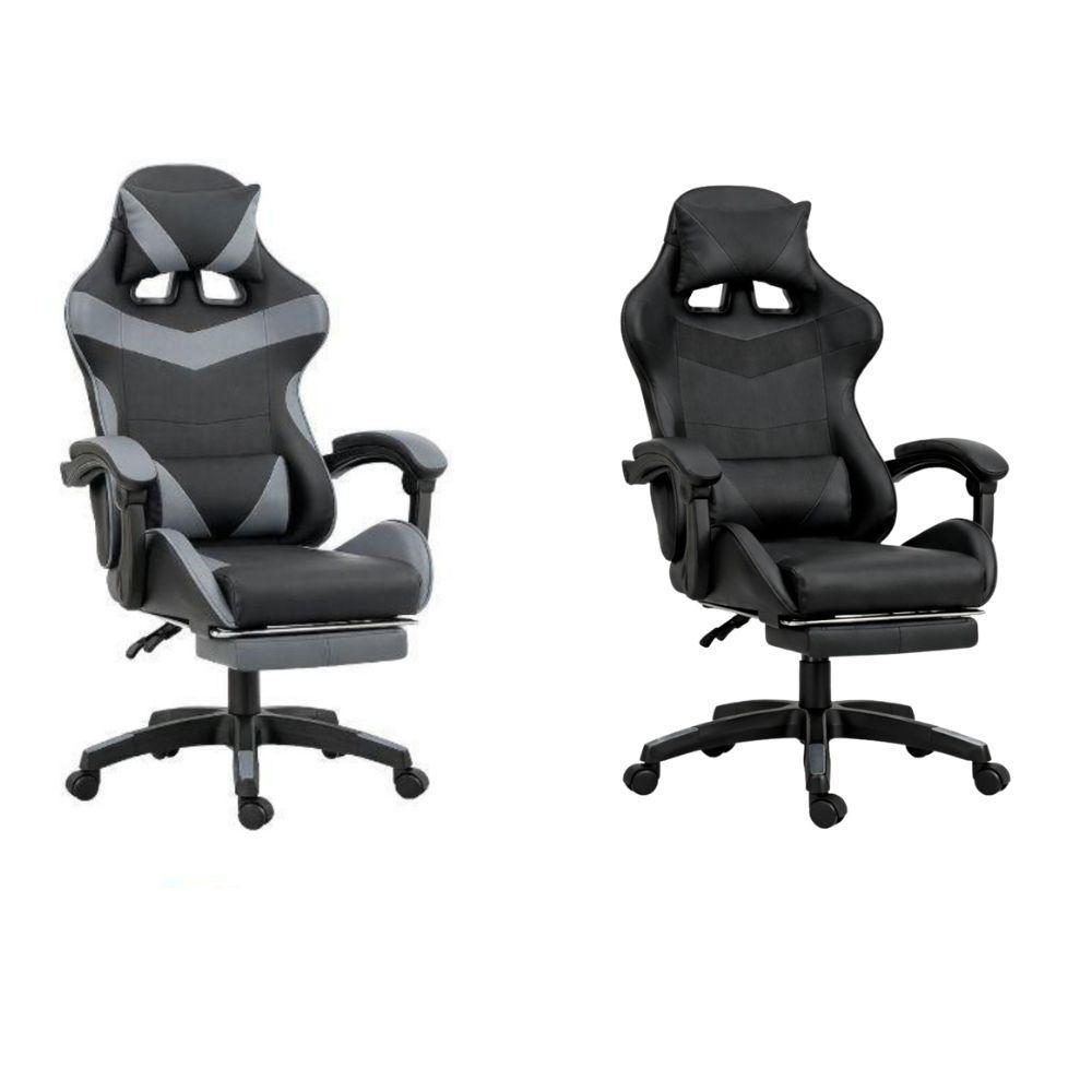 Sedia da gaming ergonomica grigio e nero, vista laterale con schienale e poggiapiedi