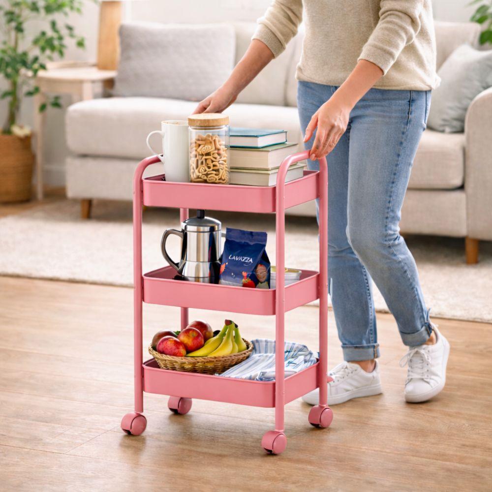 Carrello multiuso a tre piani con ruote, vista della struttura assemblata