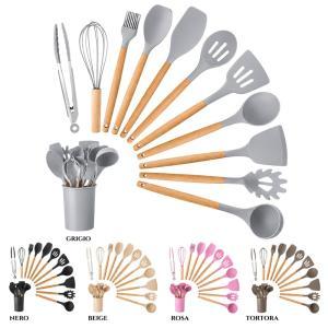 Set da 12 pz. di mestoli da cucina in silicone e legno con cestello contenitore