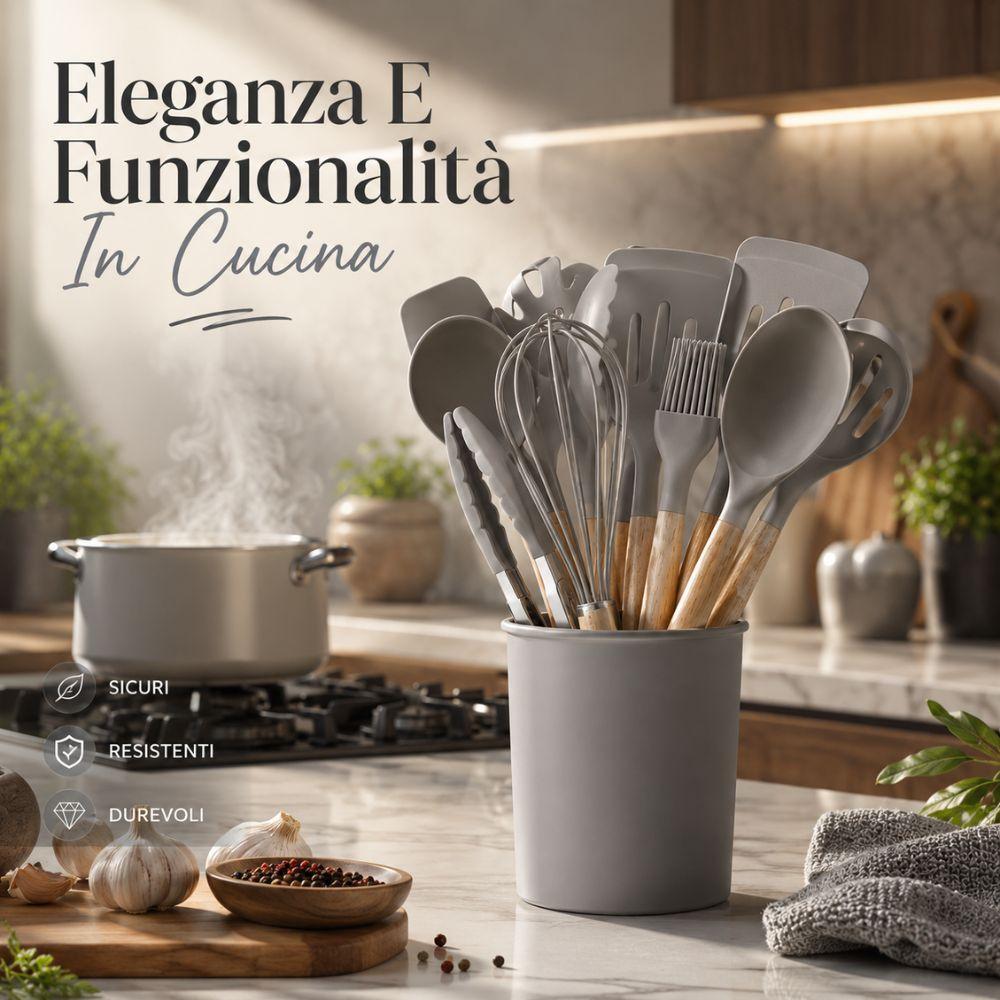  set da 12 pz. di mestoli da cucina in silicone e legno con cestello contenitore - foto 3