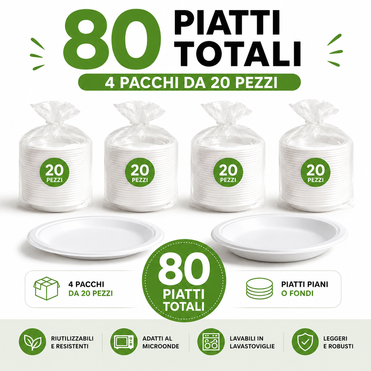  80 piatti in polipropilene , lavabili e per microonde (4 pacchi da 20 pezzi ) - foto 2