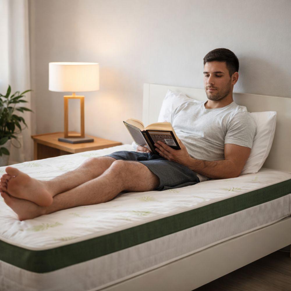 Uomo seduto sul materasso Aloe Vera che legge un libro, mostra il comfort e l'utilizzo