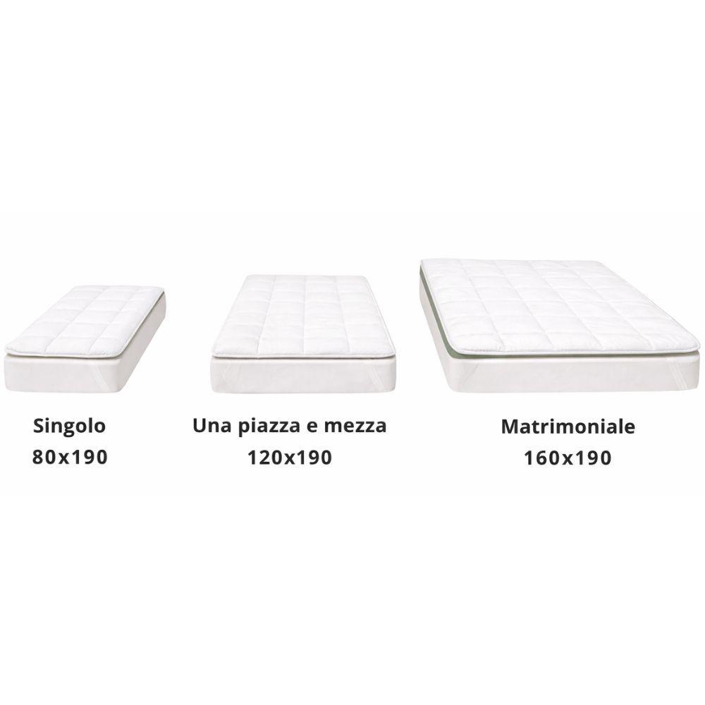 topper singolo /una piazza e mezza /matrimoniale traspirante trapuntato anallergico con elastici - foto 1 Vista comparativa dei tre formati disponibili con etichette delle dimensioni: singolo, una piazza e mezza, matrimoniale