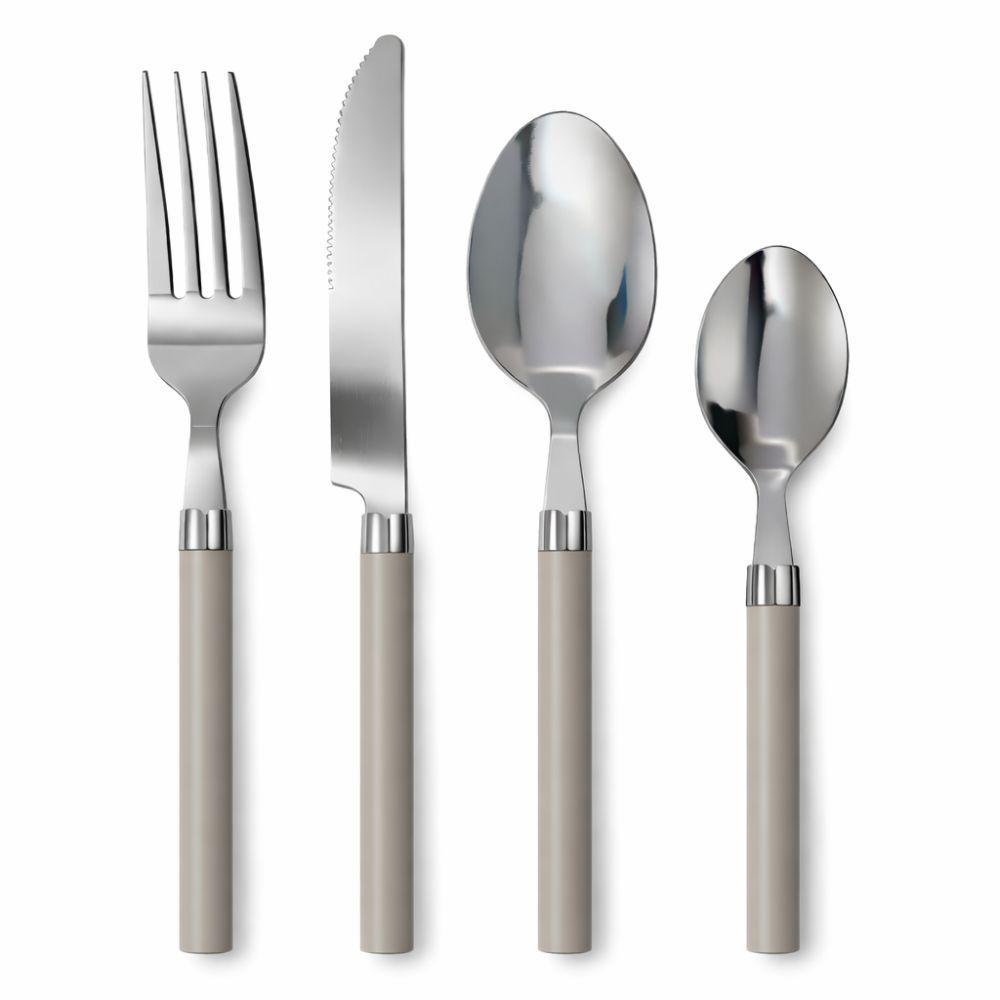 set posate 24 pezzi in acciaio inox con manico taupe - foto 3 Set singolo 24 pezzi con manici bianco e taupe su sfondo bianco