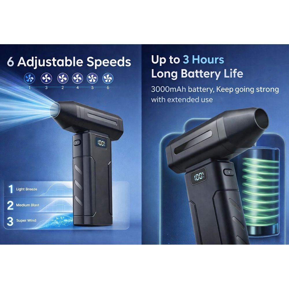 soffiatore elettrico portatile 10.000 r/s con 6 velocita - foto 3 Soffiatore in uso su scrivania per rimozione polvere e sporco