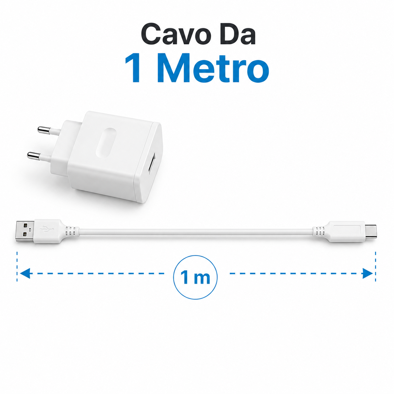 Caricatore USB tipo C con cavo da 1 metro integrato, connettori e dettagli costruttivi
