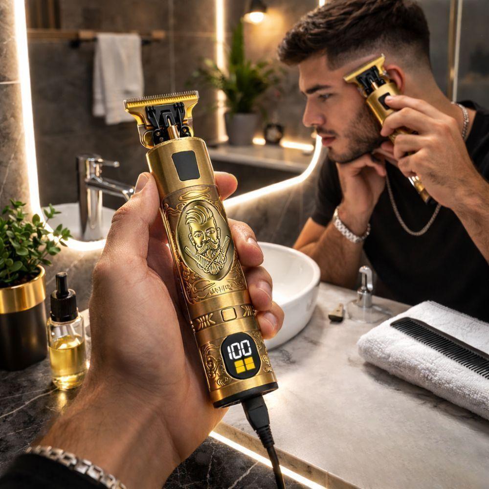tagliacapelli t blade, ricaricabile tramite usb, display digitale e accessori inclusi - foto 3 Tagliacapelli in uso su persona, mostra la praticità d'impiego del dispositivo