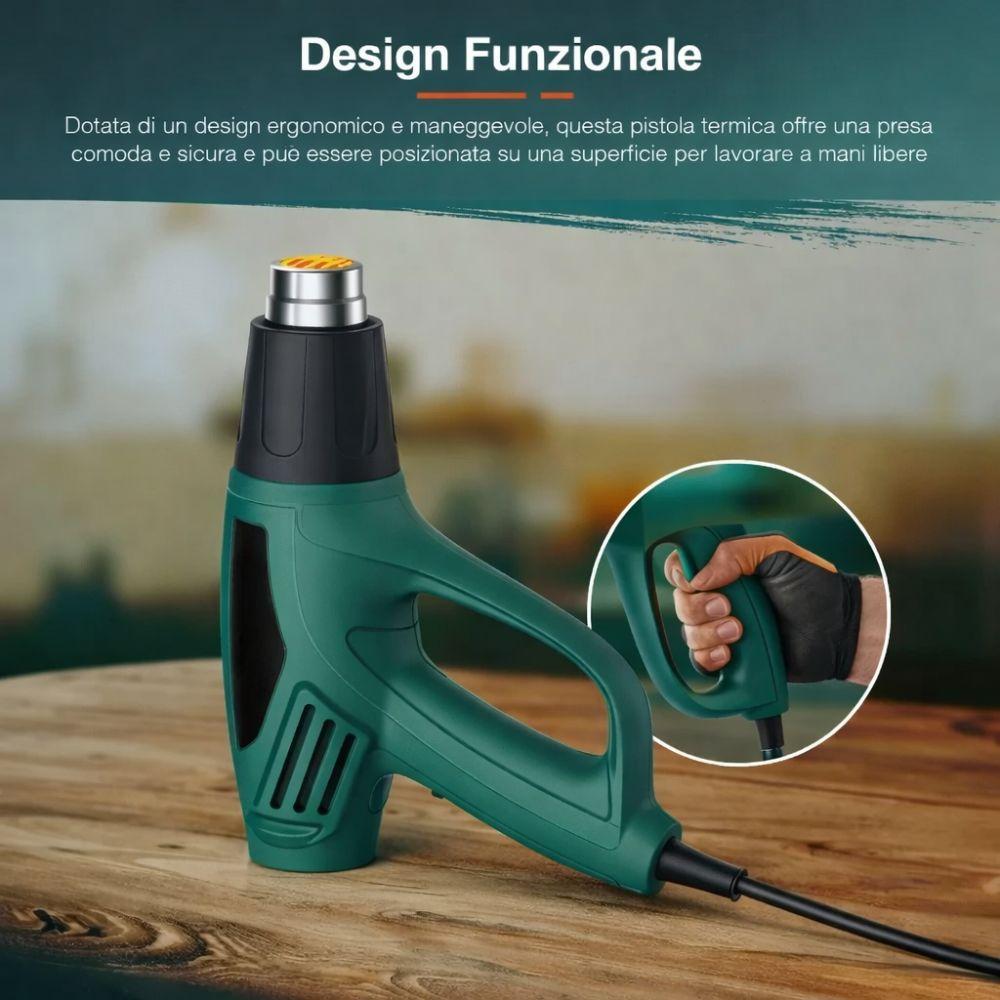 Pistola termica su superficie con dettaglio grip ingrandito