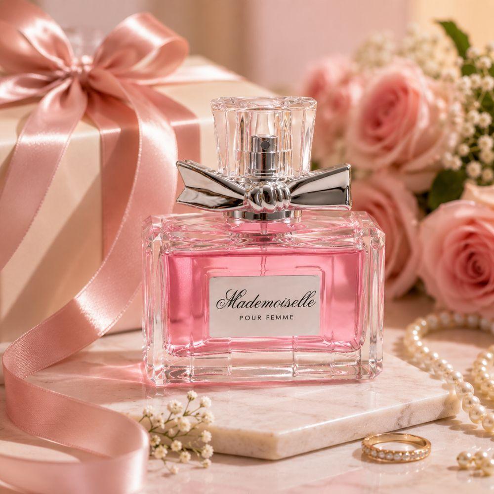 bottiglia di profumo Mademoiselle Pour Femme con decorazioni da regalo