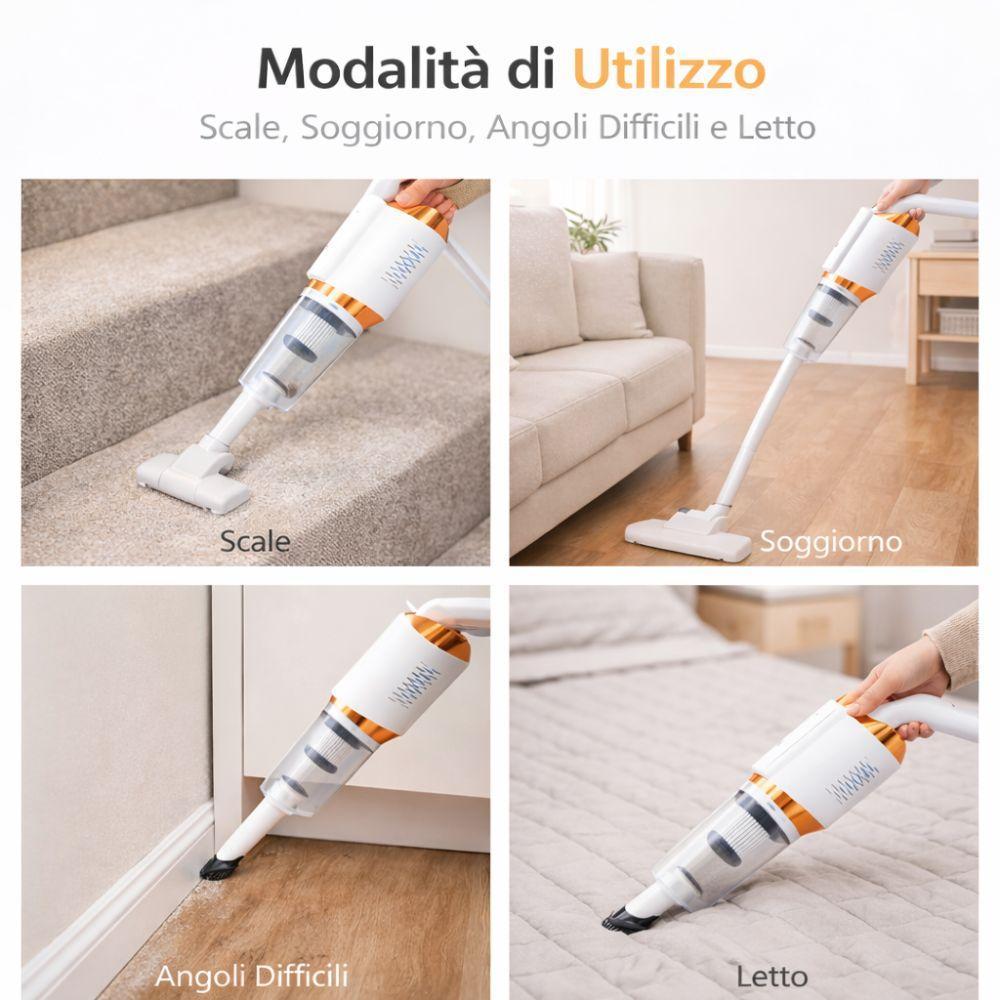 scopa elettrica multifunzionale 2in1 aspirapolvere con accessori - foto 5 Scopa elettrica multifunzionale 2in1 in uso con accessori inclusi