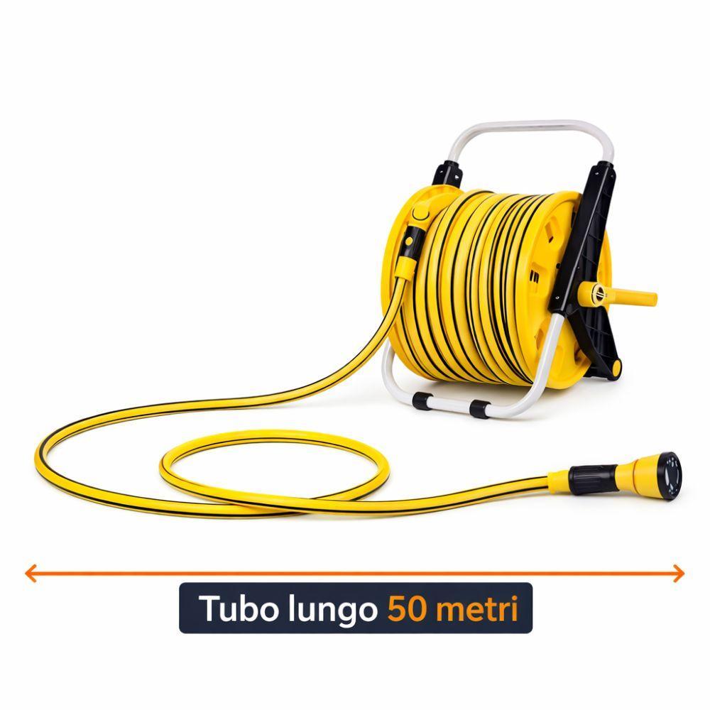 Avvolgitubo da giardino con tubo arrotolato e maniglia per il riavvolgimento