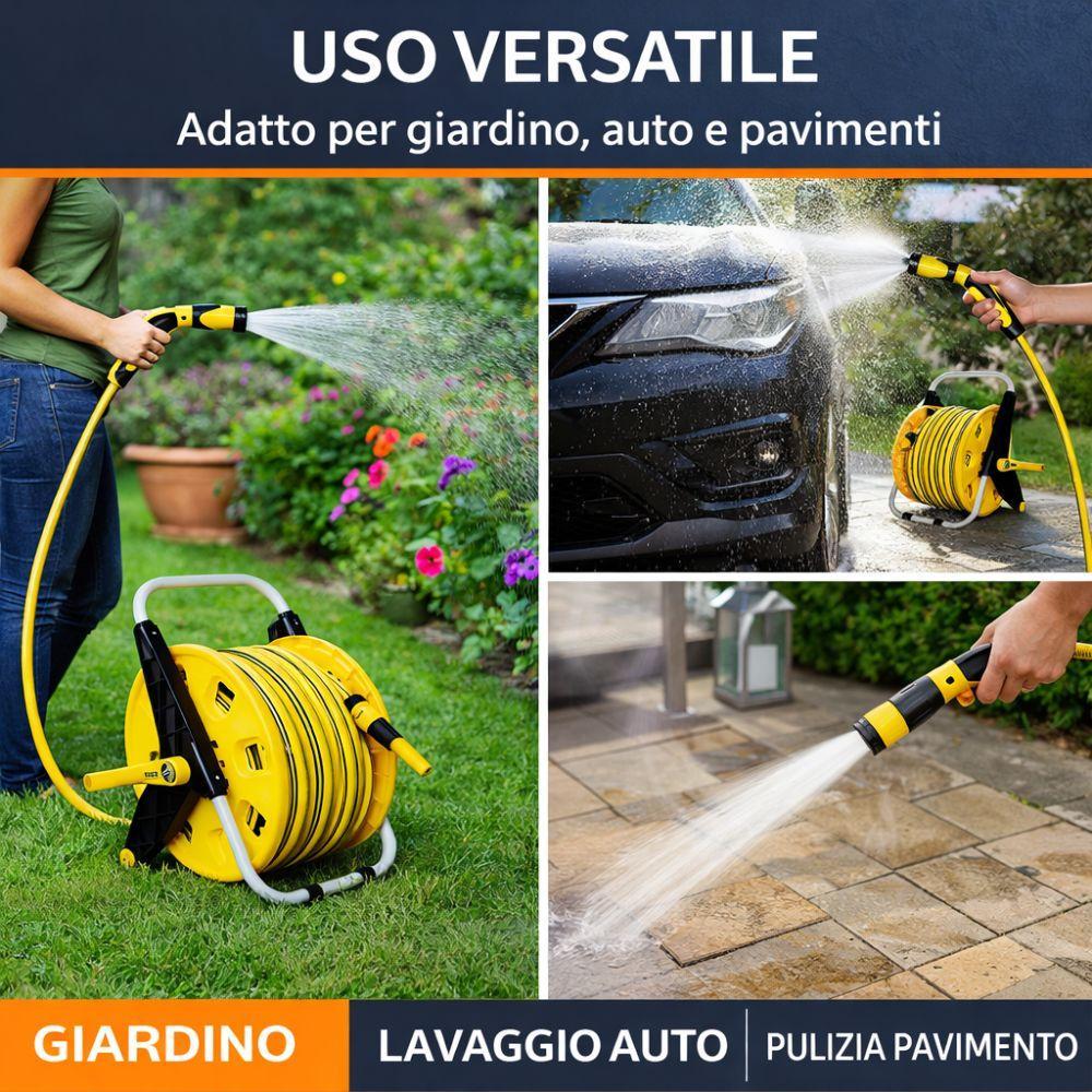 Avvolgitubo da giardino con tubo resistente e sistema di riavvolgimento