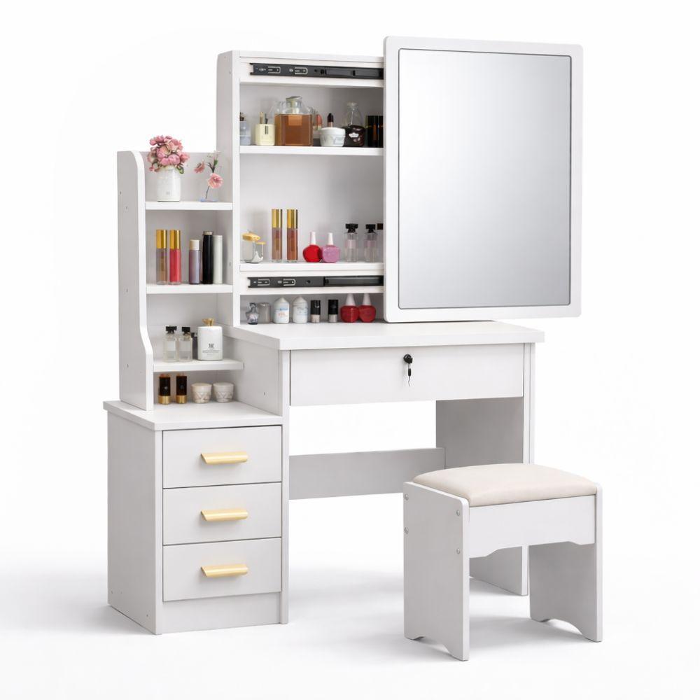  toeletta trucco con specchio scorrevole e cassettiera - bianco elegante - foto 1