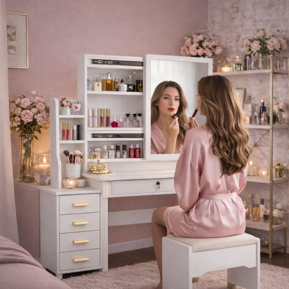  toeletta trucco con specchio scorrevole e cassettiera - bianco elegante - foto 2