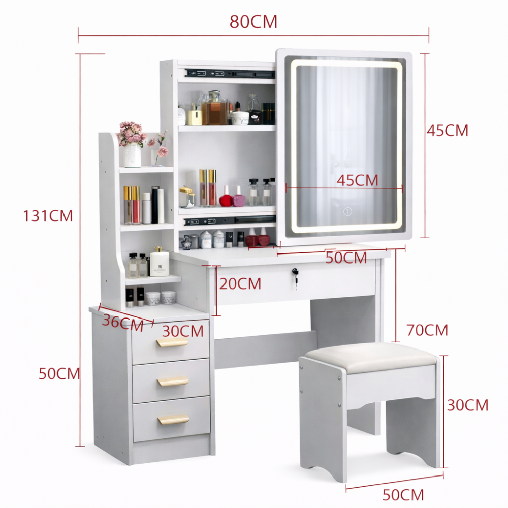  toeletta trucco con specchio scorrevole e cassettiera - bianco elegante - foto 6