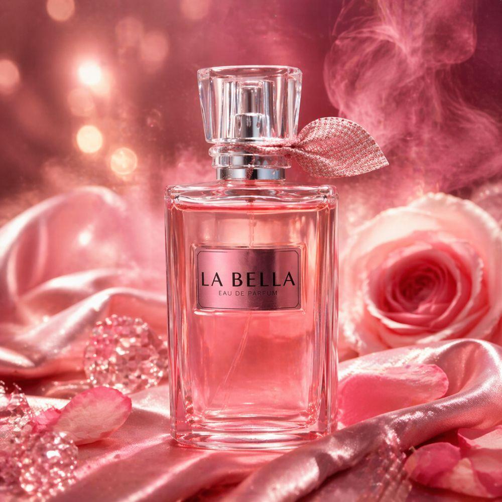 profumo donna la bella eau de parfum 100ml fragranza elegante dolce e sensuale - foto 2 Profumo La Bella circondato da rose rosa, petali e decorazioni floreali in ambientazione romantica