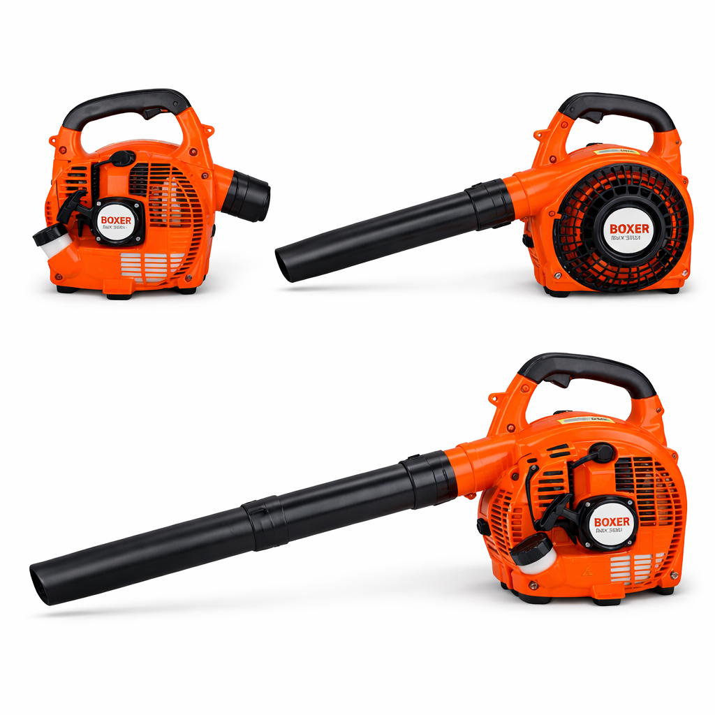 Soffiatore Boxer BX-3241: tre viste frontale, laterale e posteriore dello stesso modello a motore arancione e nero