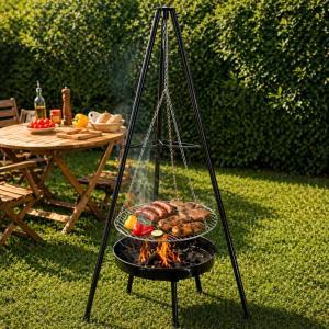 Barbecue tripode con griglia sospesa regolabile braciere da giardino con catene e struttura in acciaio