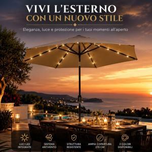 Ombrellone da giardino diametro 270 cm con luci led e sistema antivento