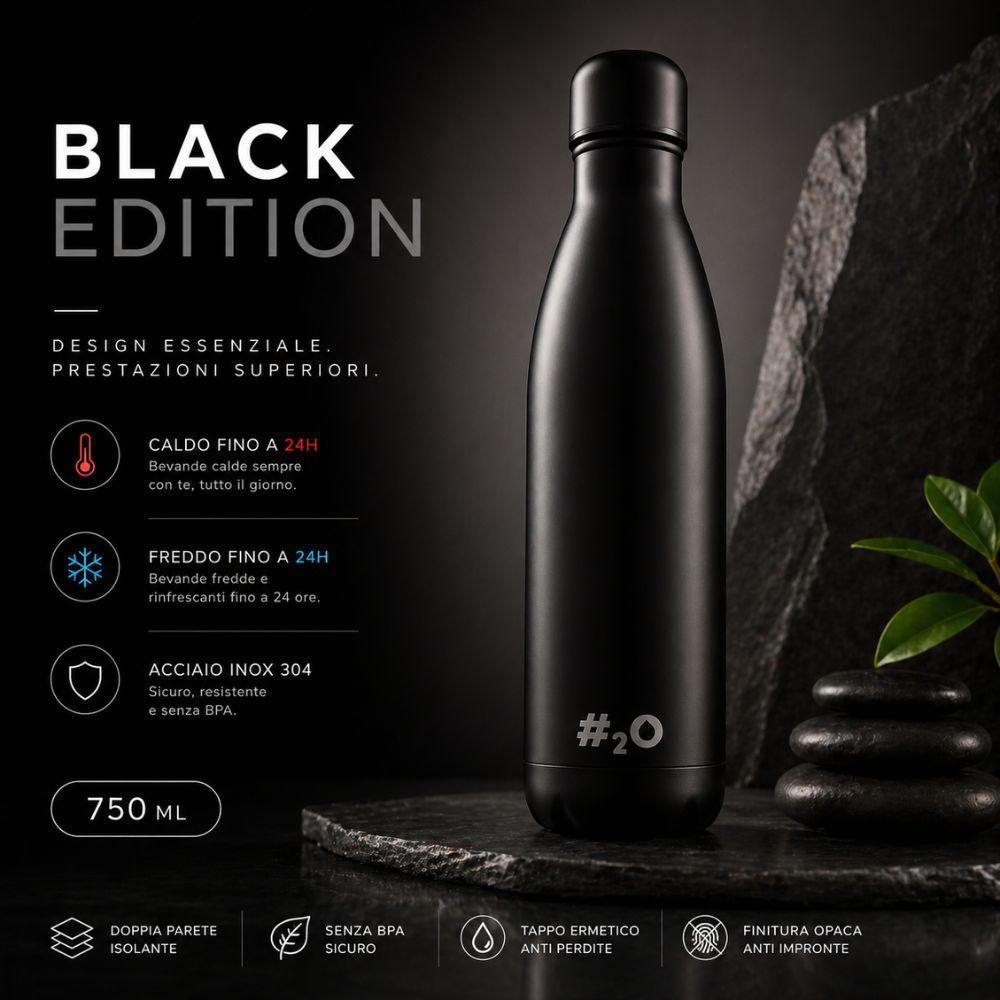 bottiglia termica nera opaca acciaio inox 750ml isolamento doppia parete caldo freddo 24h design premium - foto 3 Bottiglia termica nera acciaio inox 750ml con specifiche tecniche su sfondo scuro