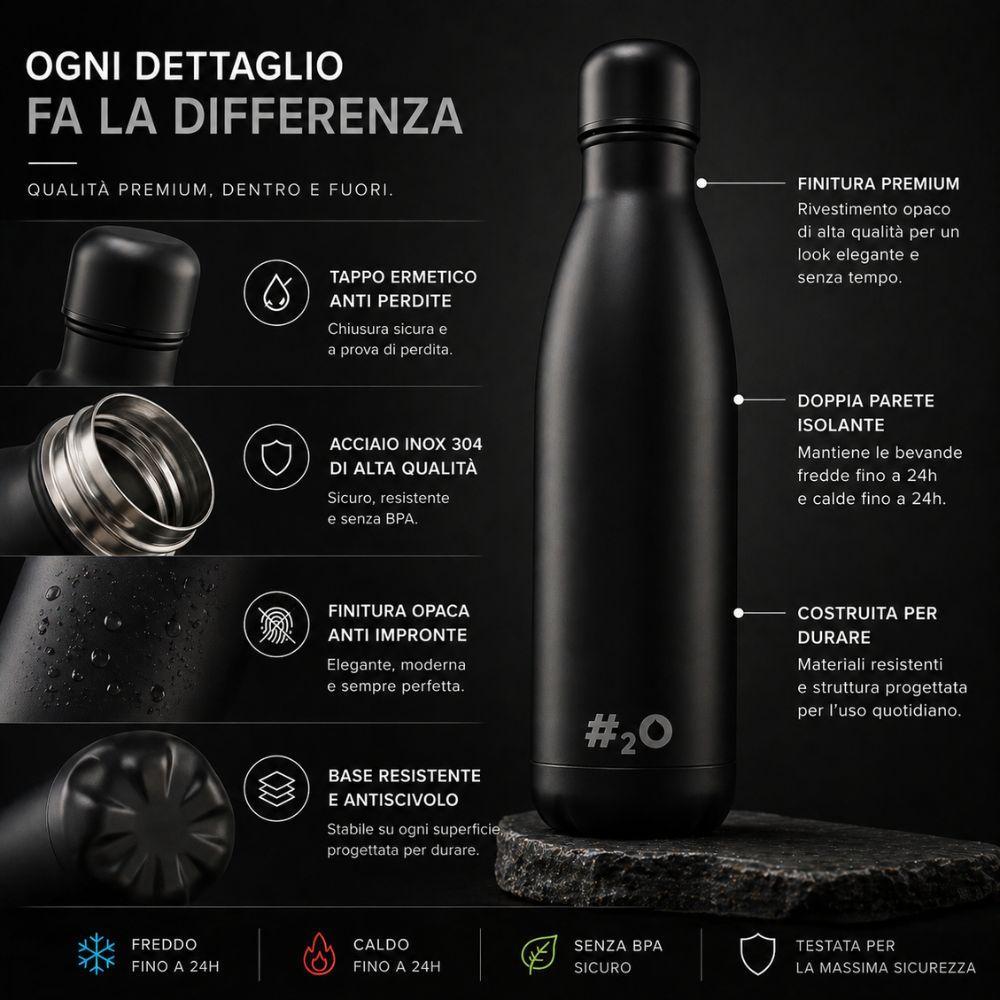 bottiglia termica nera opaca acciaio inox 750ml isolamento doppia parete caldo freddo 24h design premium - foto 5 Bottiglia termica nera opaca in acciaio inox, dettaglio isolamento doppia parete