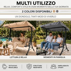 Dondolo letto da giardino 3 posti con tettuccio regolabile struttura in acciaio