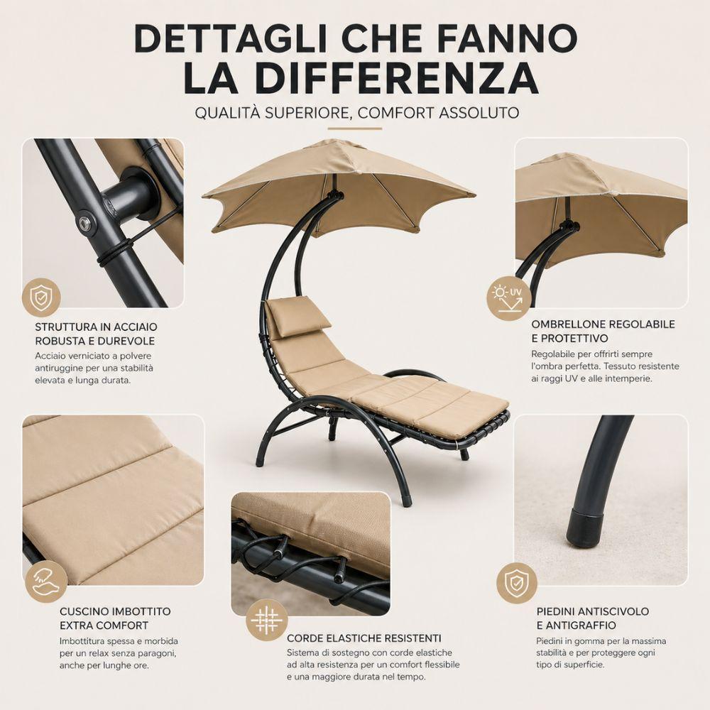 Dettagli costruttivi: cuscino memory foam, struttura acciaio, ombrellone regolabile
