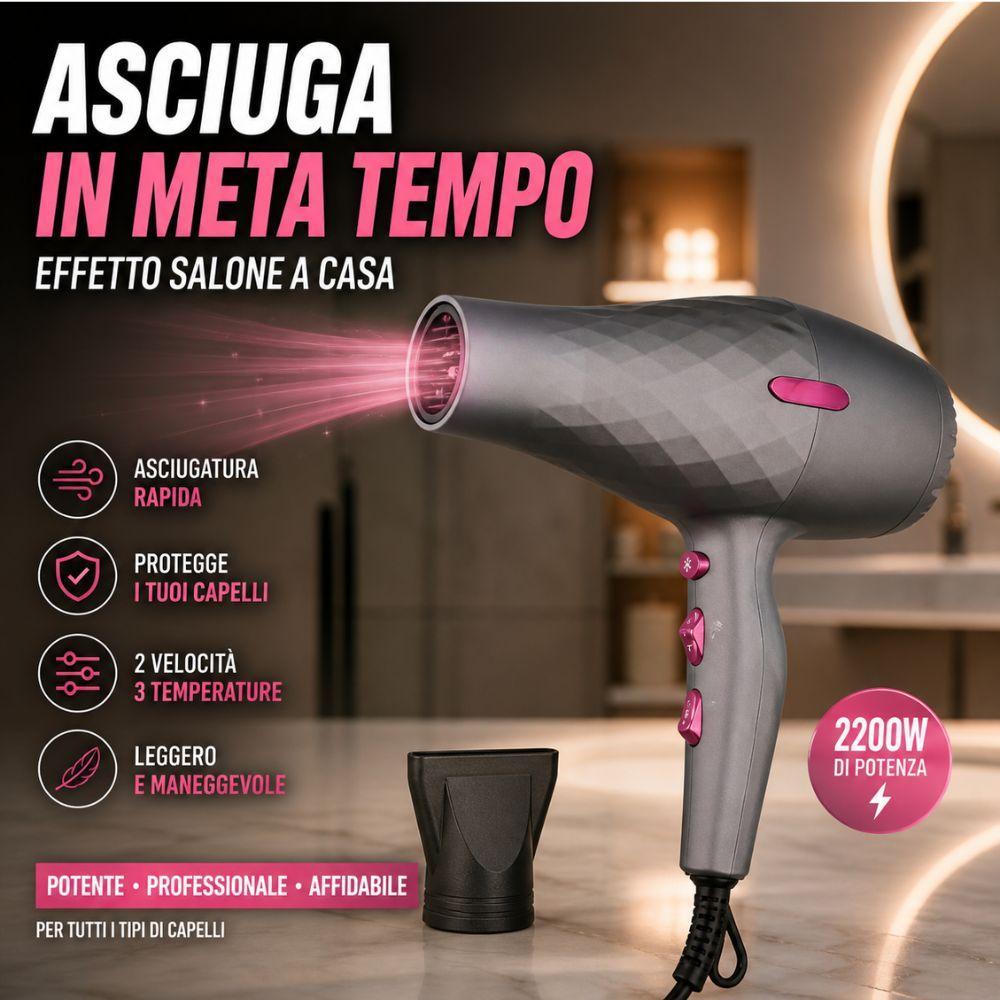 phon professionale asciugacapelli con beccuccio potente, leggero e rapido - foto 3 Phon professionale in bagno moderno, composito pubblicitario con testi e icone