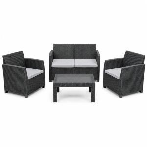 Set salotto da giardino esterno effetto rattan antracite 4 pezzi con tavolino e cuscini