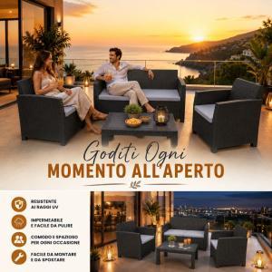 Set salotto da giardino esterno effetto rattan antracite 4 pezzi con tavolino e cuscini