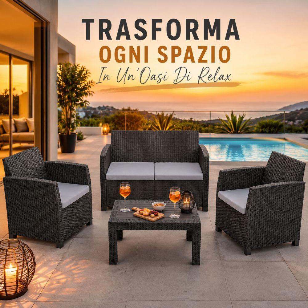  set salotto da giardino esterno effetto rattan antracite 4 pezzi con tavolino e cuscini - foto 3