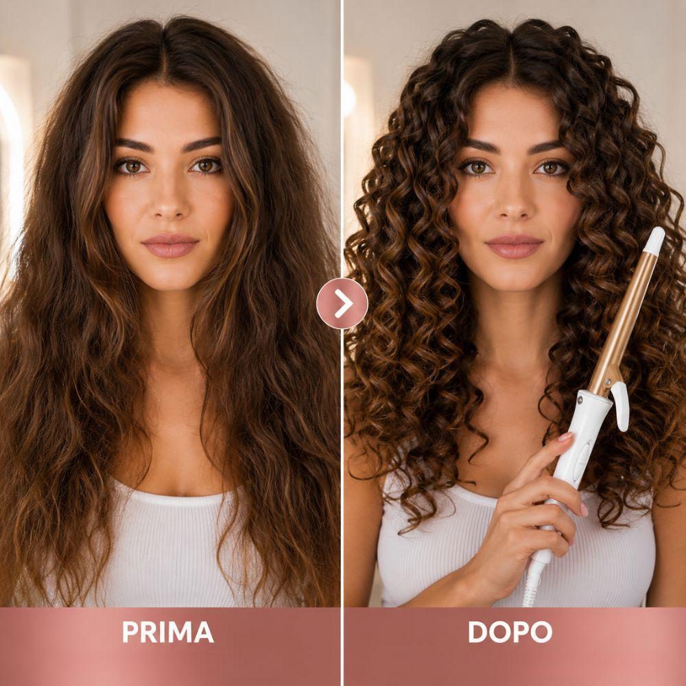 Confronto prima e dopo: capelli lisci vs capelli ricci con cono arricciacapelli