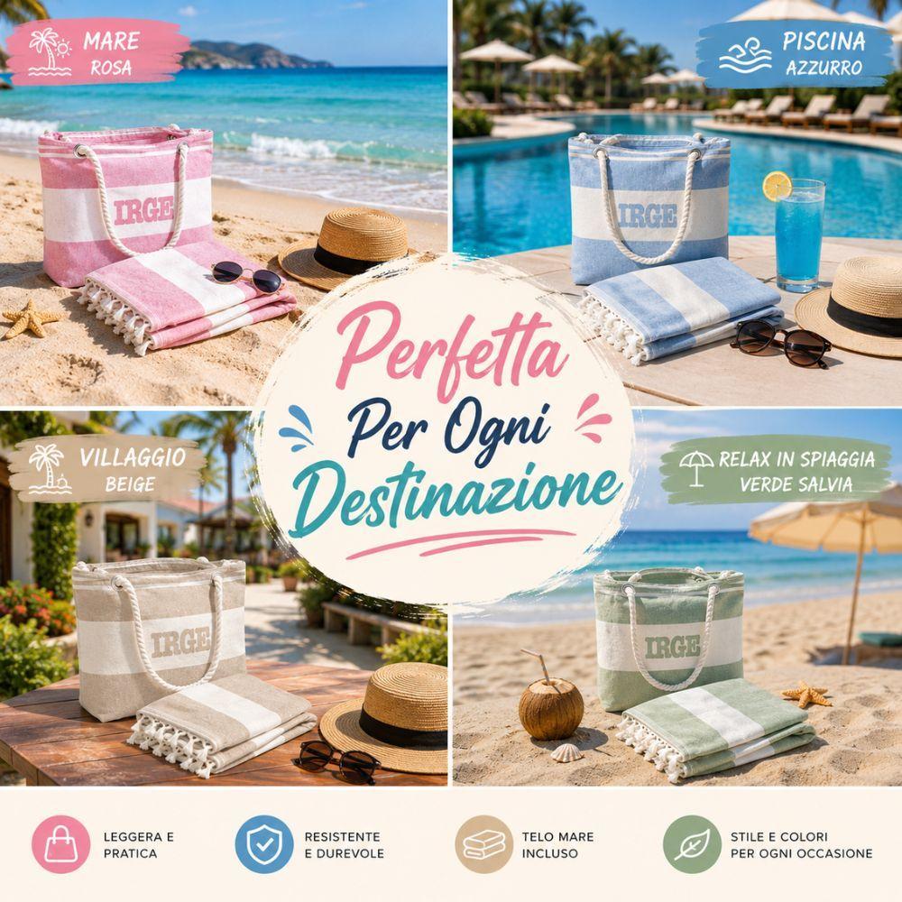 set mare 2 pezzi borsa mare con manici in corda + telo mare coordinato - foto 2 set mare 2 pezzi borsa mare con manici in corda + telo mare coordinato - foto 2