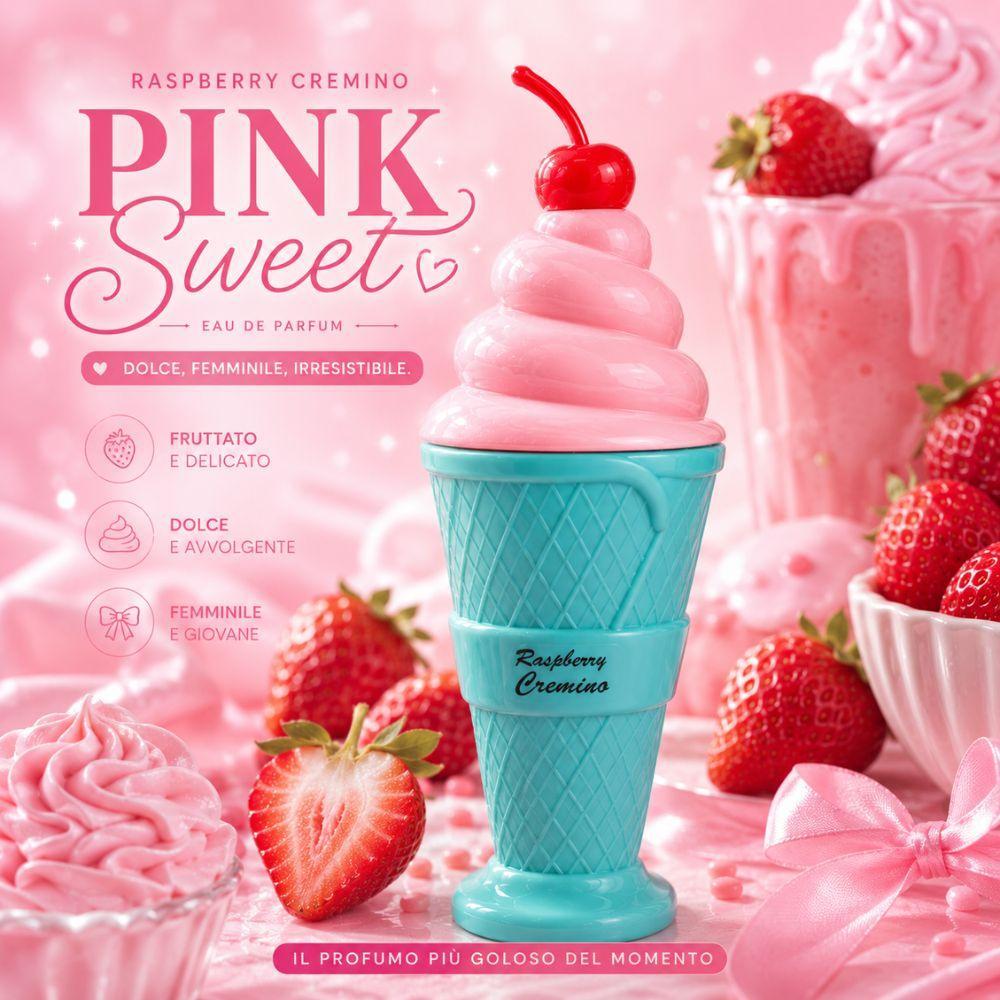 Bottiglia profumo gelato rosa Pink Sweet Raspberry Cremino con fragole e fiori su sfondo