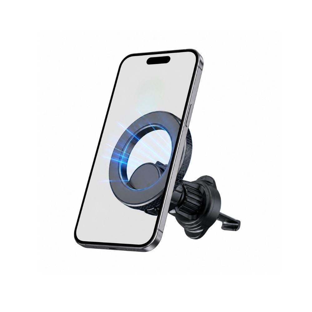 Supporto magnetico auto con anello blu e pinza nera, smartphone inserito, sfondo bianco
