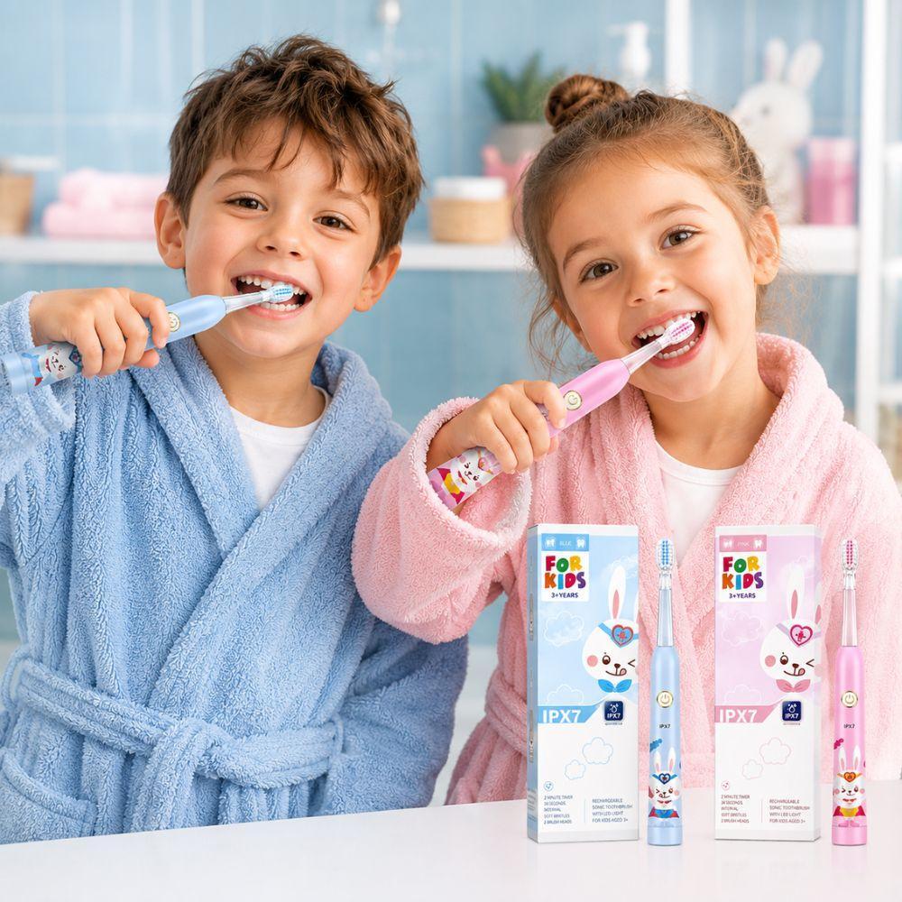 Spazzolino elettrico bambini con manico colorato e luci LED, testina rotonda