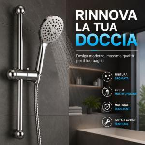 Set doccia saliscendi con doccetta multifunzione e flessibile in acciaio cromato