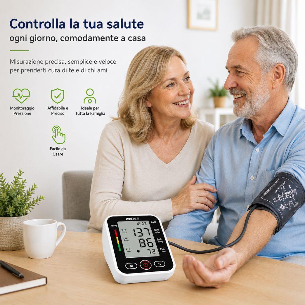 Coppia in ambiente domestico durante la misurazione della pressione arteriosa