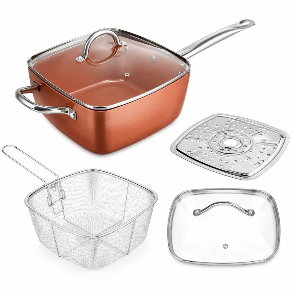  padella quadrata antiaderente 24 cm con coperchio e accessori set 4 pezzi royalty line copper cook - foto 1