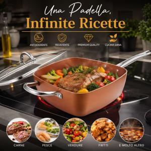 Padella quadrata antiaderente 24 cm con coperchio e accessori set 4 pezzi royalty line copper cook