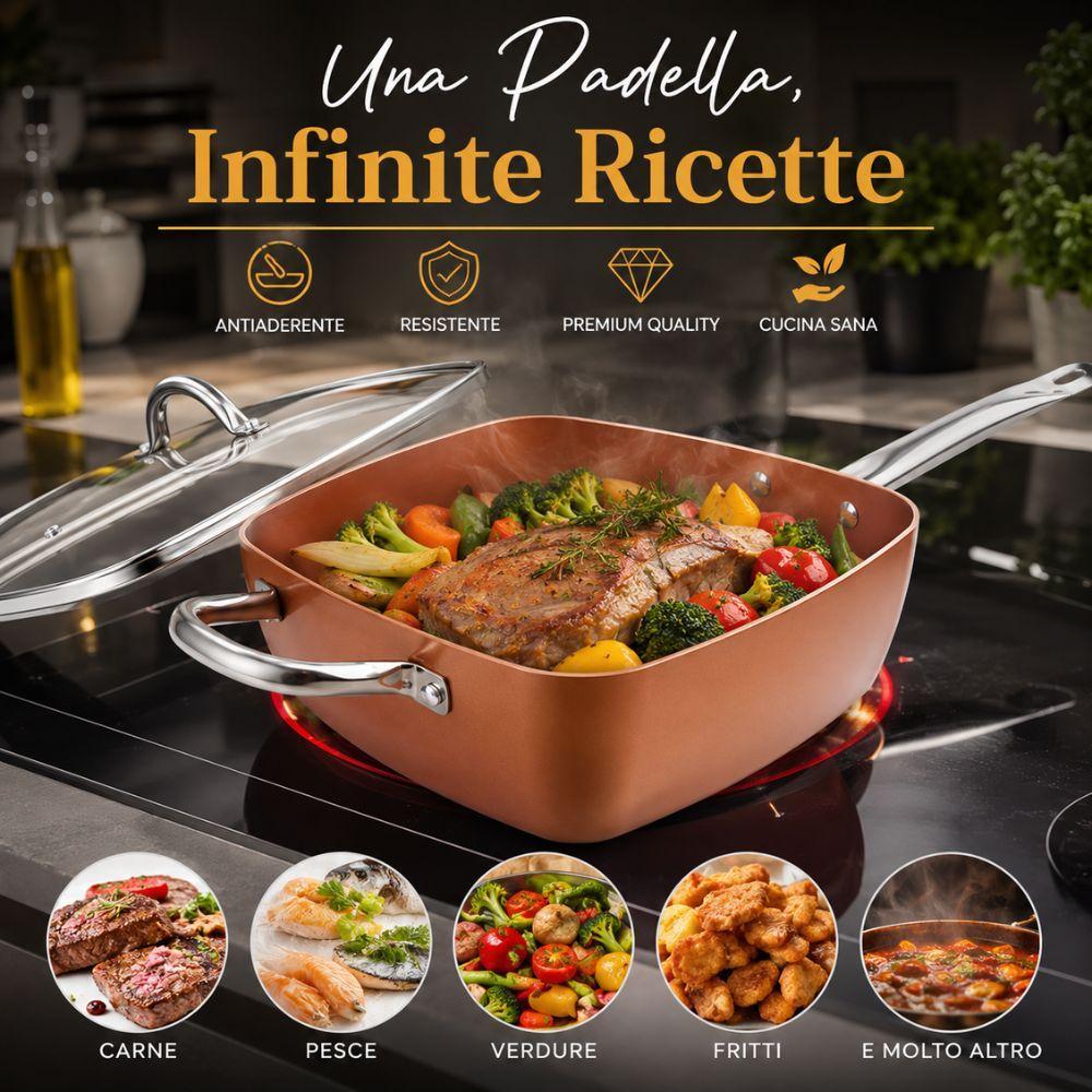  padella quadrata antiaderente 24 cm con coperchio e accessori set 4 pezzi royalty line copper cook - foto 2