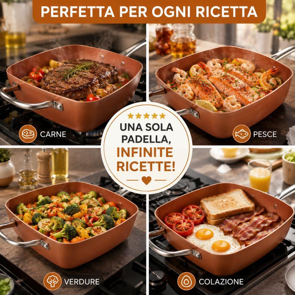  padella quadrata antiaderente 24 cm con coperchio e accessori set 4 pezzi royalty line copper cook - foto 5