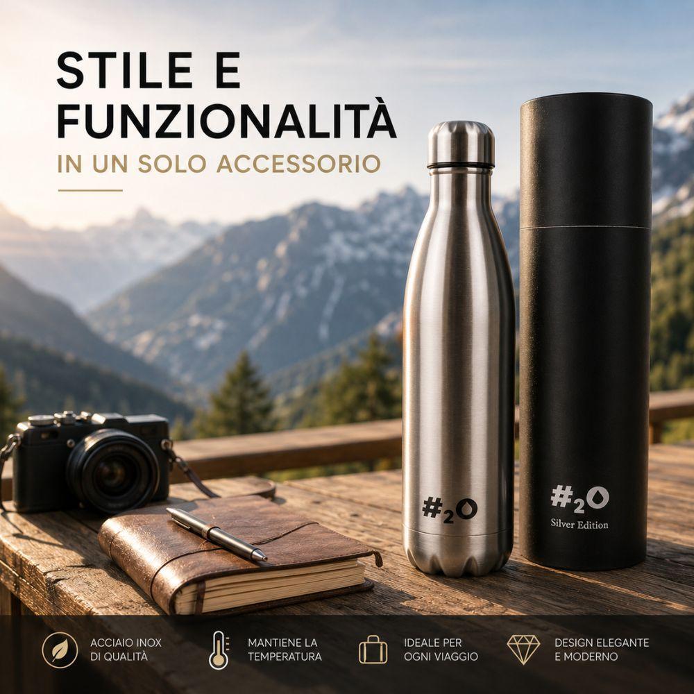 borraccia termica in acciaio inox con custodia rigida - foto 4 Borraccia termica con custodia in montagna accanto a fotocamera e quaderno