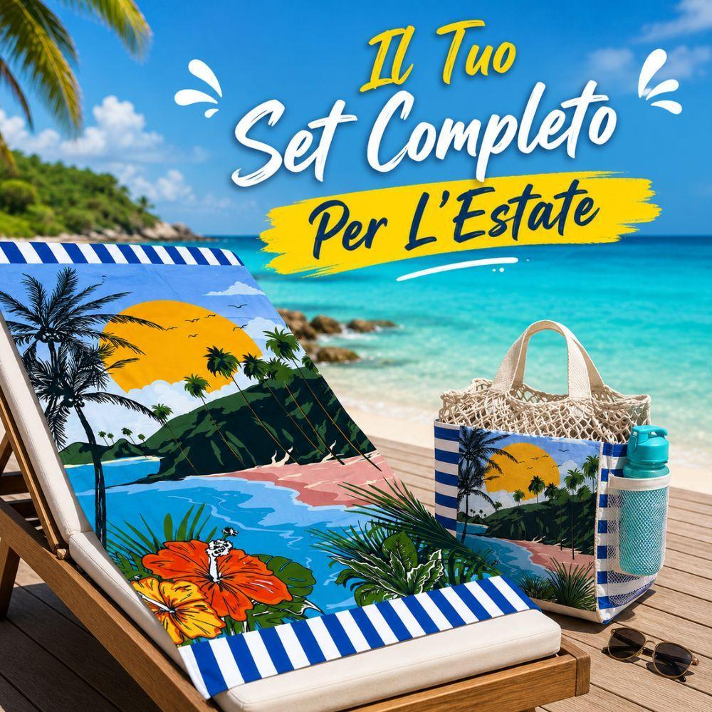  set mare 3 pezzi telo mare maxi borsa porta telo  borraccia riutilizzabile - foto 2