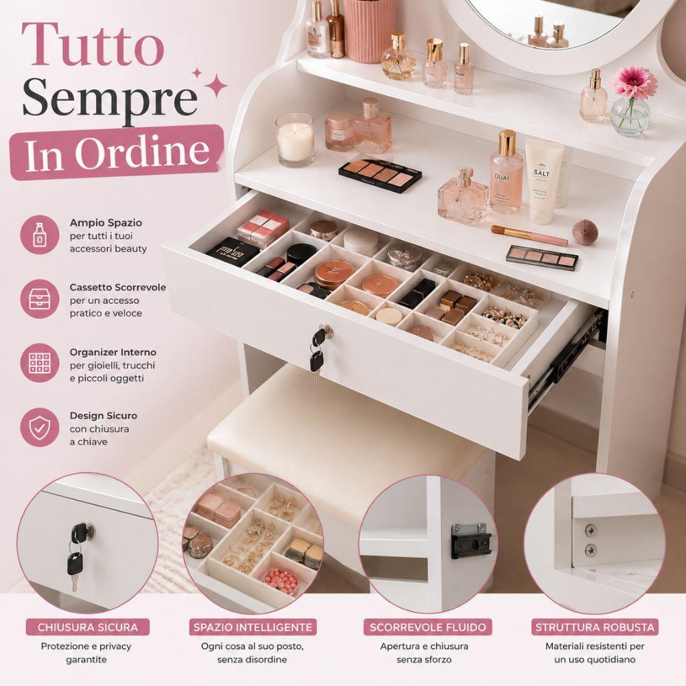  toeletta vanity con specchio e sgabello  tavolo trucco porta cosmetici - foto 4