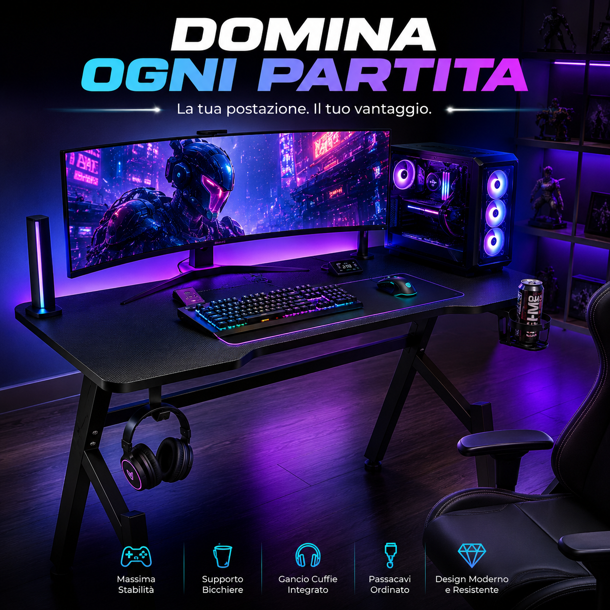 scrivania gaming 80x50x75h cm effetto fibra di carbonio con portabicchiere, gancio cuffie e passacavi - foto 2 scrivania gaming 80x50x75h cm effetto fibra di carbonio con portabicchiere, gancio cuffie e passacavi - foto 2